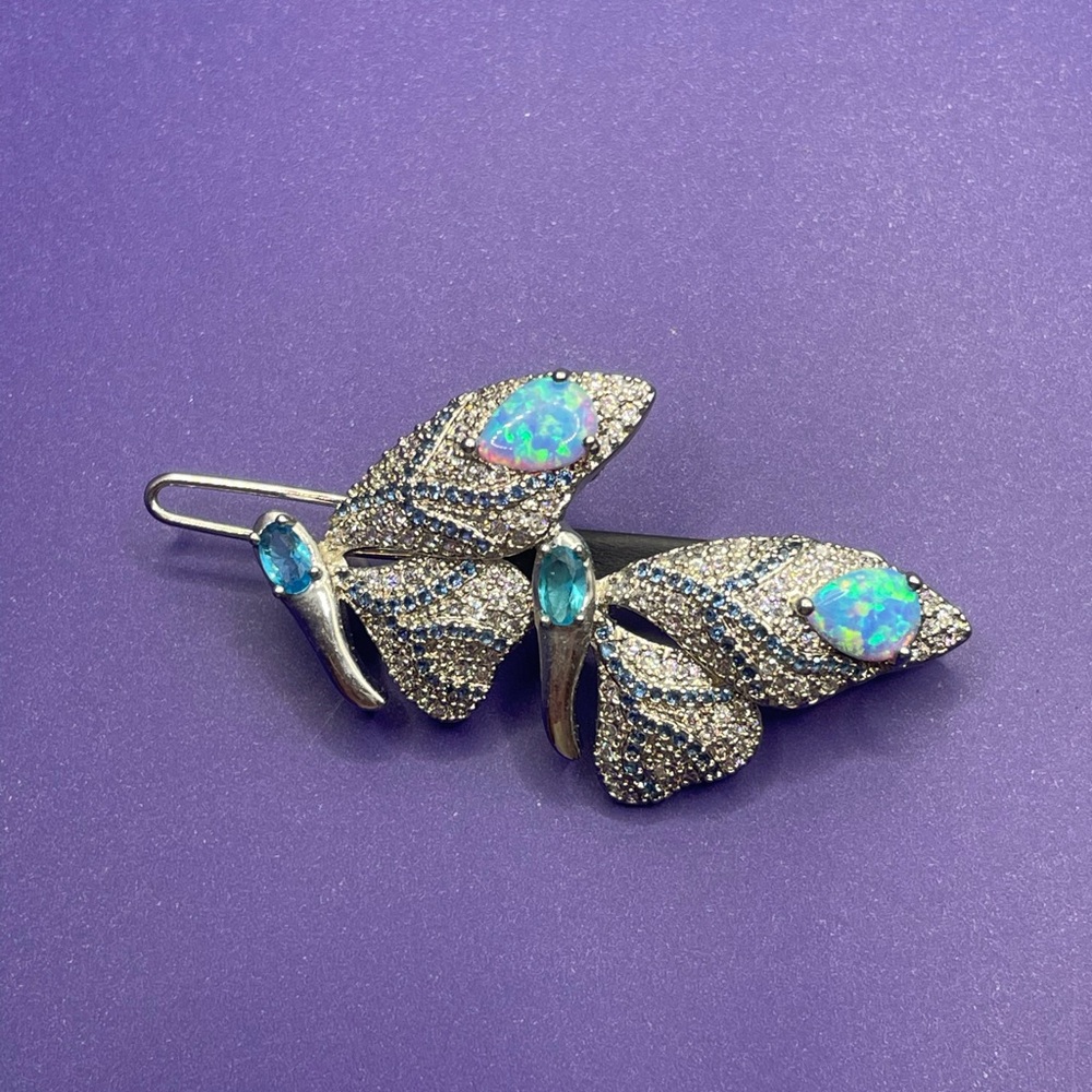 Sparkling Opal & Blue Crystal Butterfly hair clip - Silver Tone